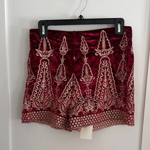 Elegant Burgundy Embroidered High Waist Shorts